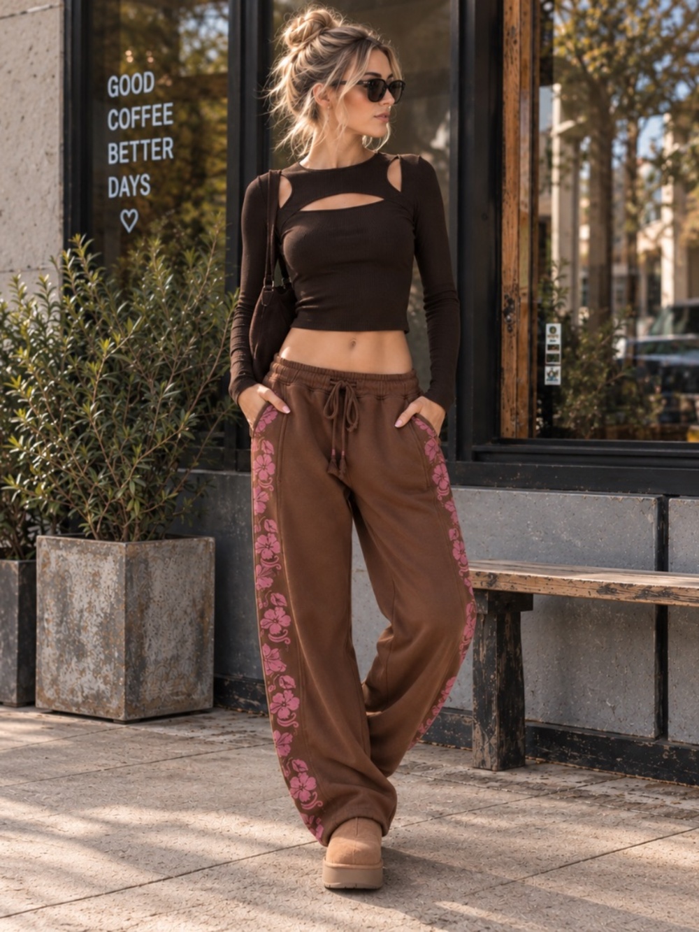 ROXY Brown Floral Side Stripe Low Rise Sweatpants NWT Size L